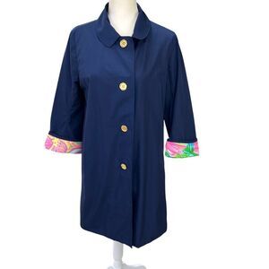 Lilly Pulitzer Palm Beach Swing Trench Coat Jacket Navy Blue Pink Size Medium